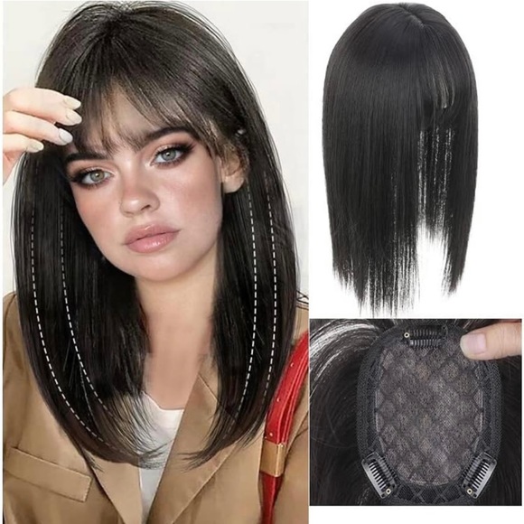 Human hair blend black natural straight top topper hair extension. main image 4